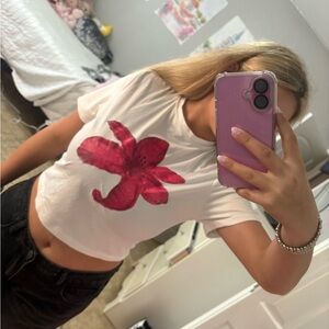 SHEIN White Crop Top with Pink Floral Design